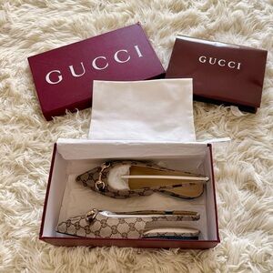 New Gucci Canvas Horsebit Slingback Flats